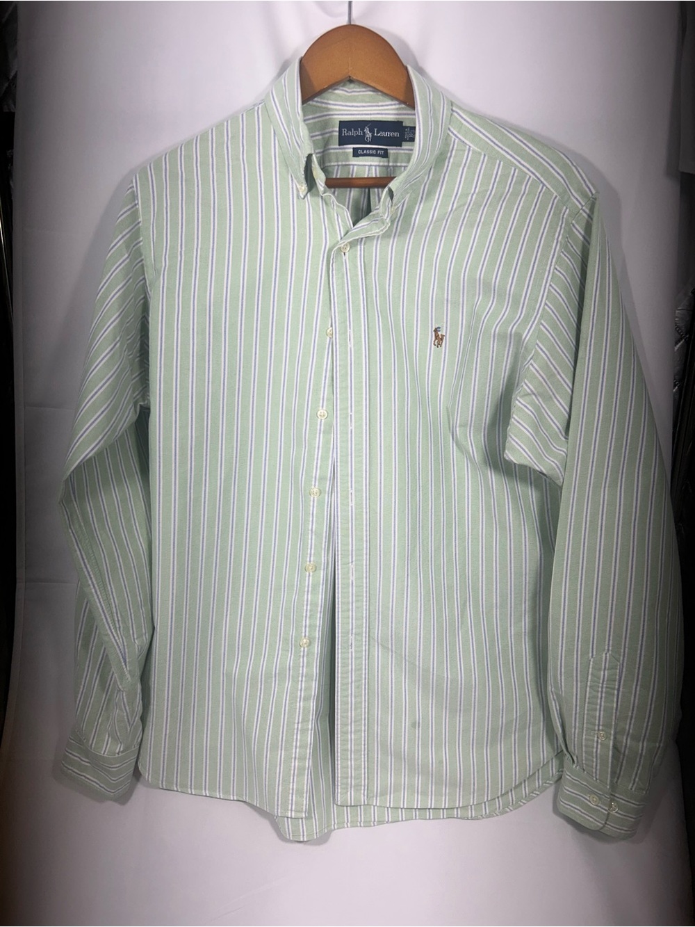 Ralph Lauren Light Green and White Striped Button-Down Shirt